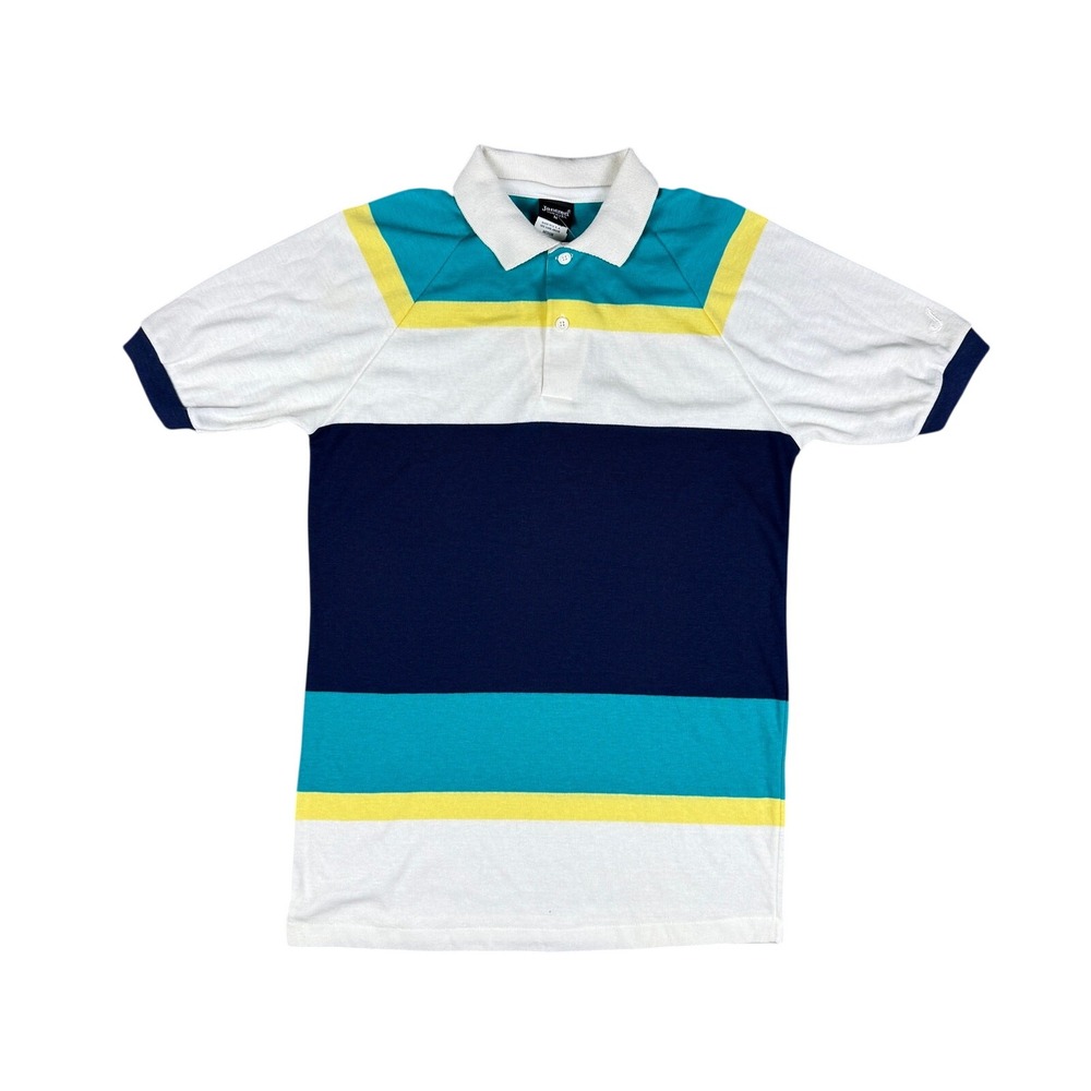 Vtg NOS Jantzen Polo Shirt Men's M White Navy Teal Yellow Colorblock Deadstock